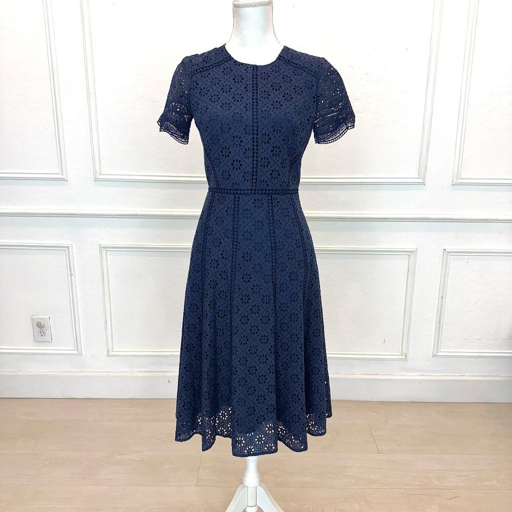 Cremieux Navy Blue Eyelet Lace Midi Dress Short Sleeve Fit & Flare Size 2
